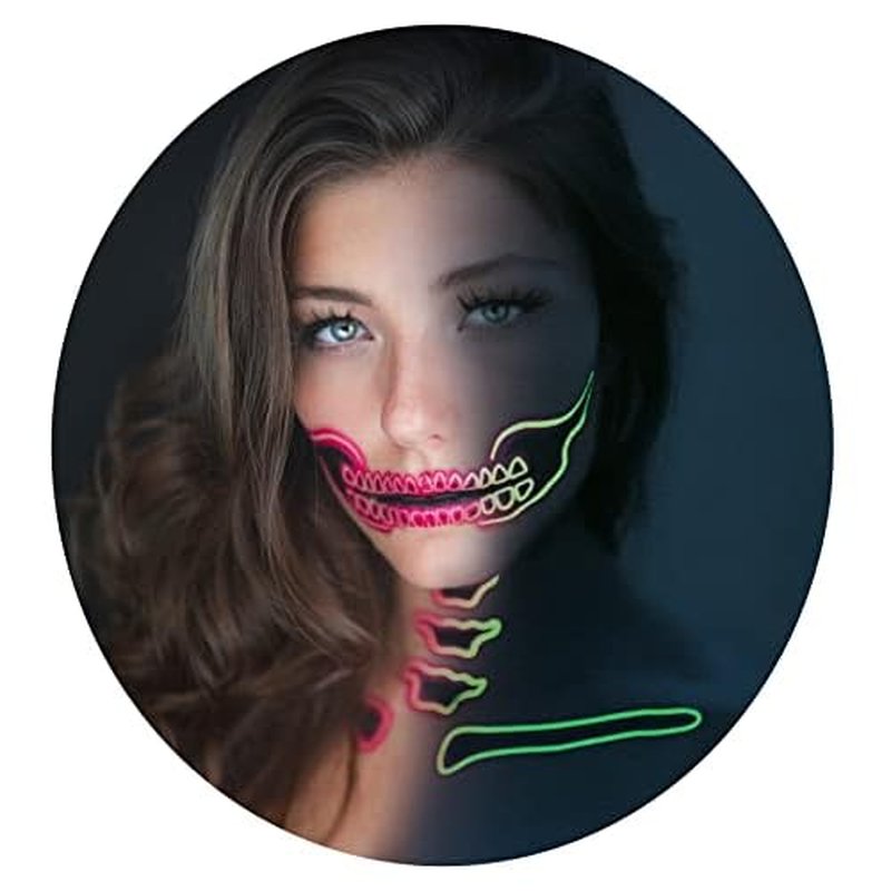 2 x Neon Skull Face Pink Temporary Tattoo, Halloween Costume for Women and Men, Adult, Glow in the Dark