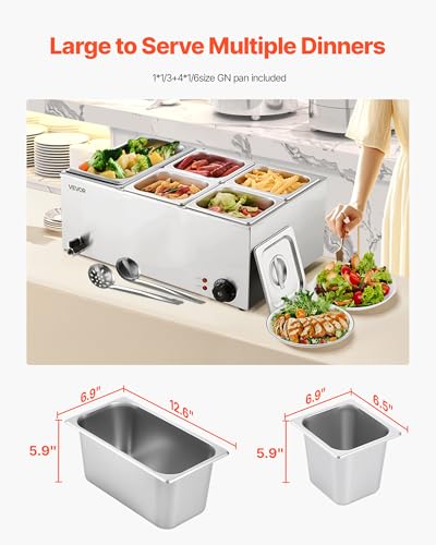 Commercial Food Warmer 24QT with 1/3 & 1/6 Pan Variations - Stainless Steel Steam Table for Catering