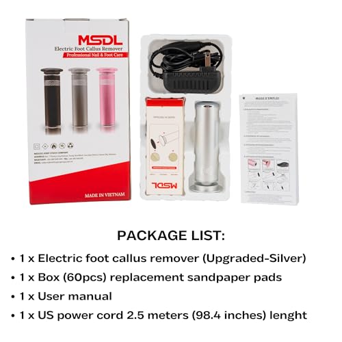 High Power Electric Foot Callus Remover, 2025 Upgrade with 100-inch Extra-Long Cord and 60 Replaceable Sandpaper Discs, Electric Foot File for Cracked Heels and Dead Skin, Silver