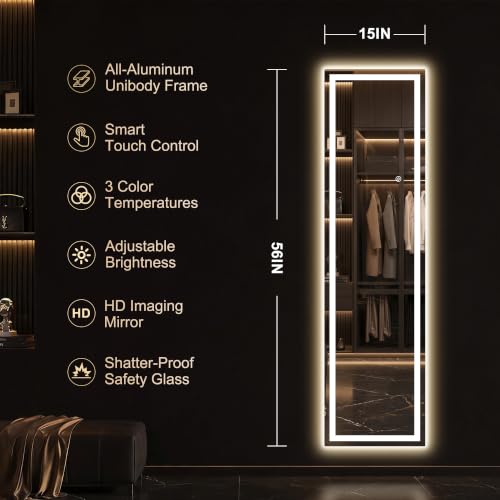 White LED Full Length Mirror 56x16 Inches with Lights, Dimmable & 3 Color Modes - Standing, Leaning, Wall Mountable Vanity Mirror