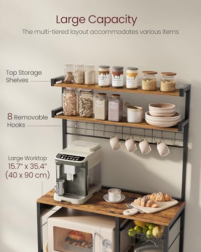 VASAGLE Rustic Brown Microwave Stand with Power Outlet, 35.4" Baker's Rack with Wire Basket & 8 Hooks