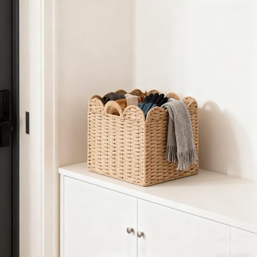 Set of 4 Scalloped Wicker Storage Cubes - 12x12x12 Inches, Khaki