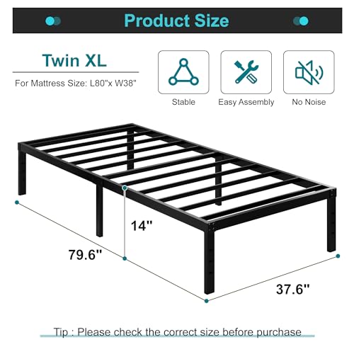 Twin XL Bed Frame 14 Inch Heavy Duty Metal Platform Bed No Box Spring Needed - Support Up to 2500 lbs, Easy Assembly, Noise Free, Black