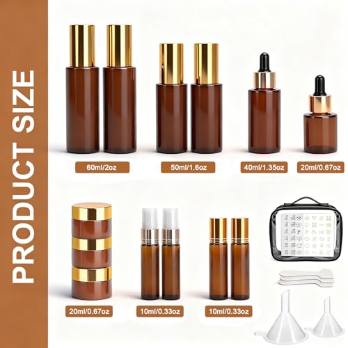 26 Pack TSA Approved Glass Travel Skincare Containers, 2/1.7/1.35/0.7/0.5/0.3oz Refillable Traveling Size Containers with Pump, Jars & Essential Oil Bottle, Leak-Proof for Creams & Liquids