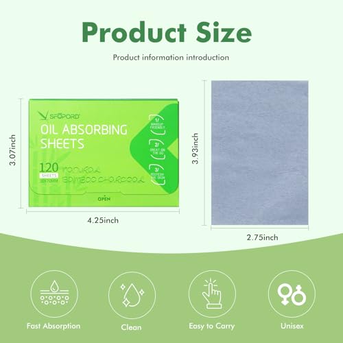 Oil Absorbing Sheets with Bamboo Charcoal - 6 Pack (720 sheets) Oil Blotting Sheets For Face, 20% More Makeup Friendly High-performance Handy Face Blotting Paper for Oily Skin