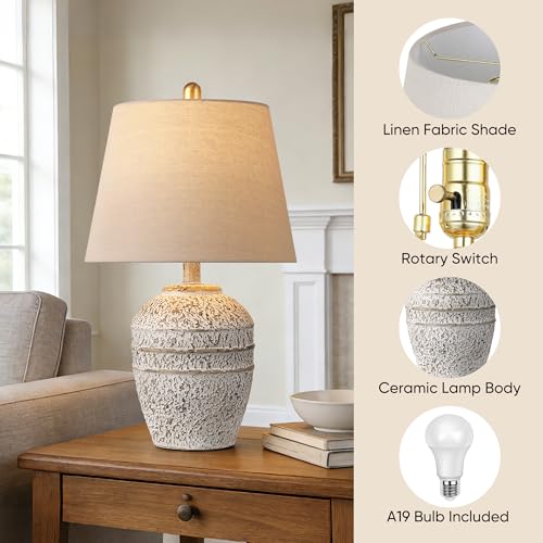 Farmhouse Ceramic Table Lamp with Linen Shade, Natural Earth Tone Finish