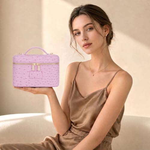 HiTotes Leopard Makeup Bag Ostrich Pink - Travel Cosmetic Case, PU Leather