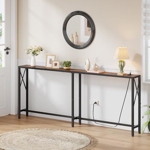Rustic Brown 70-Inch Narrow Sofa Table with Outlets Behind Couch