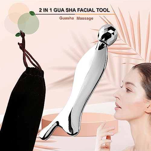 Face & Body Roller Massager - Guasha Tool for Face, Neck & Eyes, Stainless Steel, Chin Lift, Skin Tightening (Silver White)