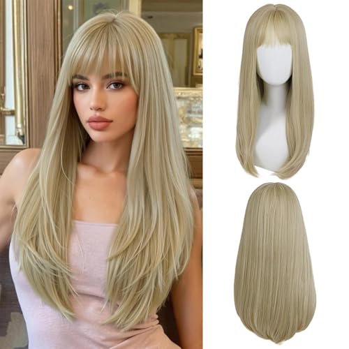 24 Inch Blonde Long Straight Wig with Bangs for Women - Cosplay & Daily Wear - Natural Synthetic Fiber