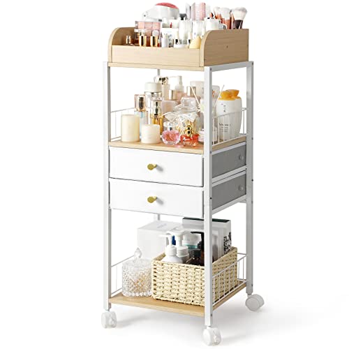 White Makeup Organizer with Drawers and Casters - Floor Vanity Storage for Cosmetics & Skincare