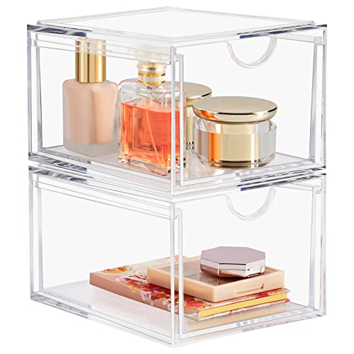 Boxalls 2 Pack Acrylic Stackable Storage Drawers Makeup Organizer, 20% Thicker Clear Bathroom Organizers for Cosmetics, Skin Care, Hair Accessories, Beauty, Vanity, Countertop and Dresser