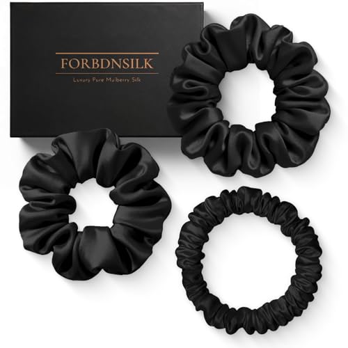 Black Standard Small Silk Scrunchies - 100% Mulberry Silk Hair Ties Set of 3