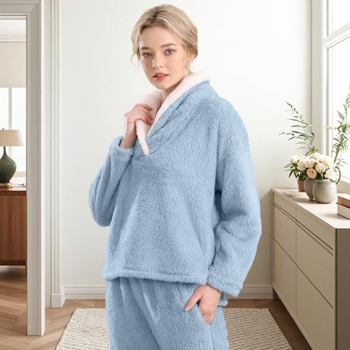 Fluffy Pajamas for Women Set Soft Comfy Fleece Pjs Pullover Pants Loose Plush 2 Piece Sleepwear Fuzzy for Winter