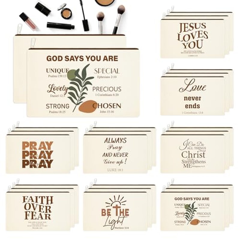 48 Pcs Christian Cosmetic Bags Bulk for Women Bible Verse Makeup Bags Christian Gifts Inspirational Canvas Pouches with Zipper for Cosmetics Journaling Motivational Supplies
