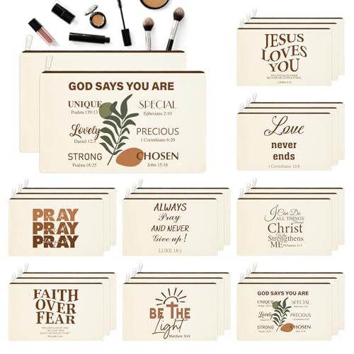 48 Pcs Christian Cosmetic Bags Bulk for Women Bible Verse Makeup Bags Christian Gifts Inspirational Canvas Pouches with Zipper for Cosmetics Journaling Motivational Supplies