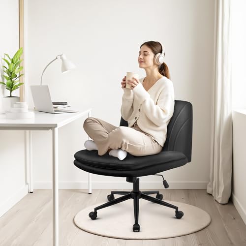 Orange Factory Criss Cross Chair Black PU Wide Leather Vanity Desk Seat - Adjustable Swivel
