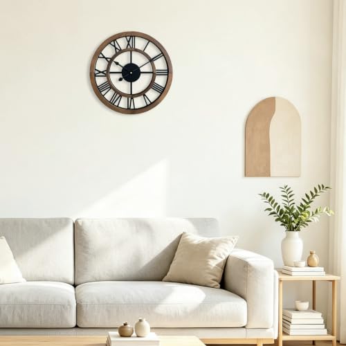 16 Inch Rustic Wall Clock - Silent Wooden Farmhouse Decor with Roman Numerals