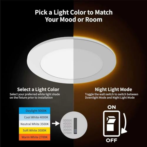 Meconard 6 Inch 5CCT LED Recessed Light with Night Light - White, 12 Pack