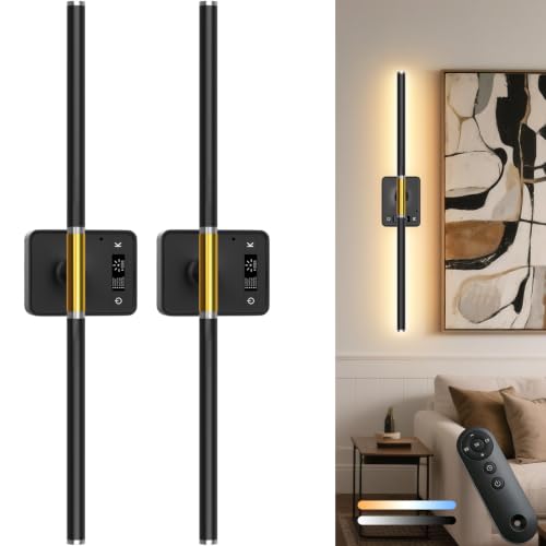Black Gold Battery Operated Wall Sconces Set of 2 - 28.8 Inch, Detachable Battery, 3CCT Dimming