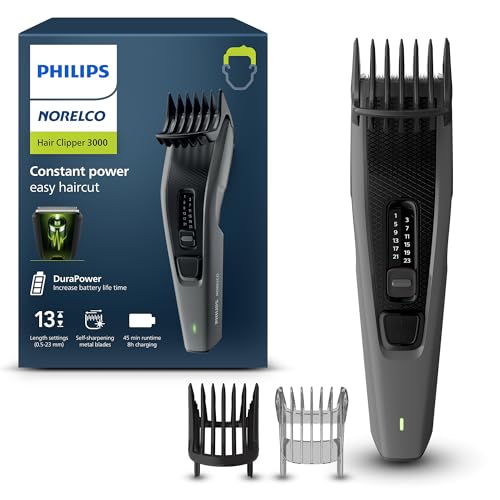 Norelco Philips Hair Clipper 3000 Series, Hair and Beard Trimmer, Trim-and-Flow Technology, DualCut Technology, DuraPower, 13 Length Settings, 45 Min. Runtime, Zero Maintenance, Model HC3525/40