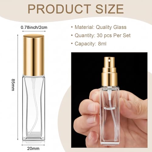 Domensi 30 Pcs 8 ml Empty Glass Perfume Bottles Bulk - Gold Refillable Cologne Spray Atomizer with Pump, for Travel, Skincare, Haircare, Cleaning & DIY Essentials