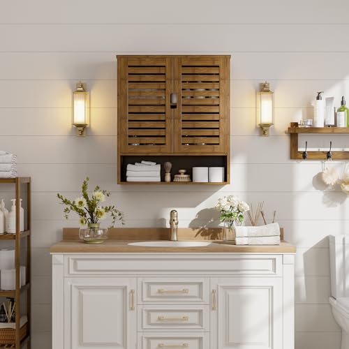 SMIBUY Walnut Wall-Mounted Bathroom Cabinet Over-The-Toilet Storage Organizer