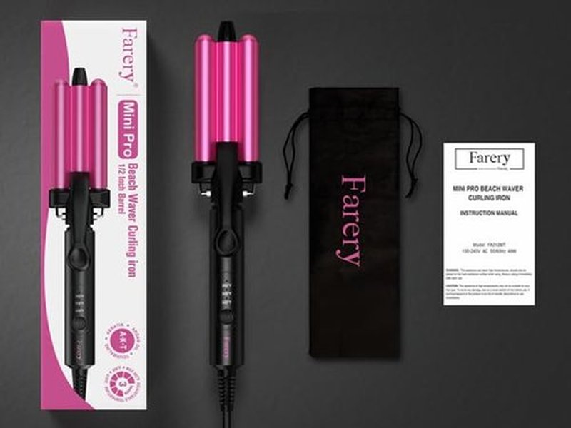 FARERY Mini Hair Crimper Hair Waver 3 Temperature Adjustable, 3 Barrel Curling Iron for Short Hair, Hair Crimper for Women Beach Waves, Crimper Hair Tool 1/2 Inch Travel Size, Dual Voltage, Pouch Bag