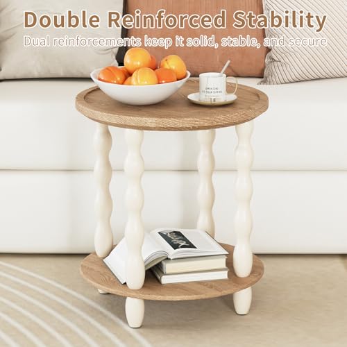 Karlott Beige Round 2-Tier Farmhouse End Table – Living Room Nightstand