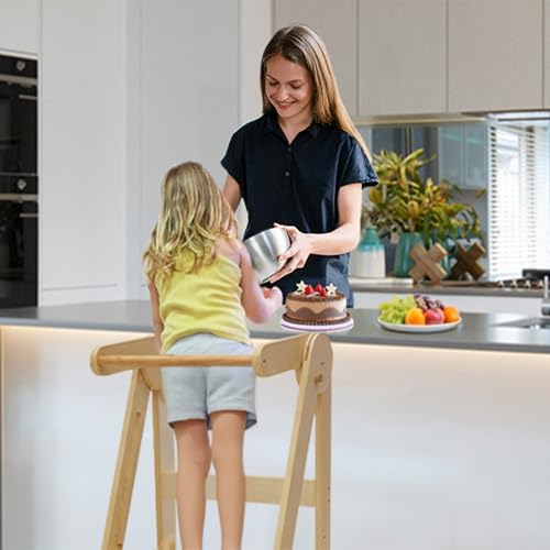 Natural Wood Foldable Toddler Learning Tower with Adjustable Heights - Preassembled Montessori Kitchen Stool for Kids 1.5-6 Years