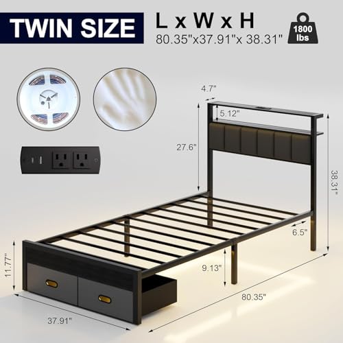 Twin Bed Frame with Storage Drawers, LED Lights & Charging Station