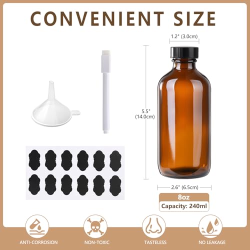 8 oz Amber Glass Boston Round Bottles Pack of 12 with Black Poly Cap - Homemade Extract & Essential Oil Storage