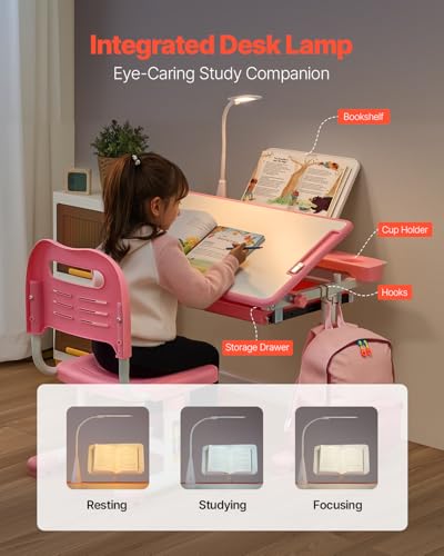 Kids Study Desk and Chair Set with Tilting Desktop and Table Lamp - Pink, Adjustable Height