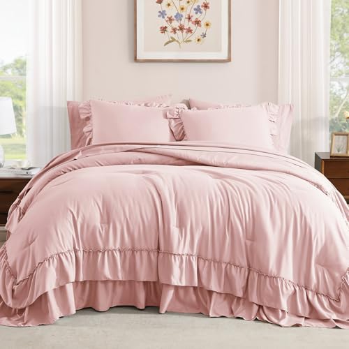 Full Size Pink Ruffle Comforter Set - Farmhouse Bed in a Bag, 7 Pieces, Soft & Cozy - Variation: Soft Pink / Full