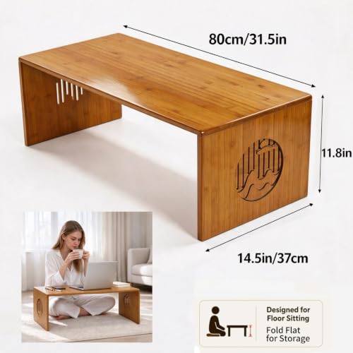 Folding Japanese Floor Table 31.5 inch - Ekjkldo 80cm Bamboo Low Coffee Table
