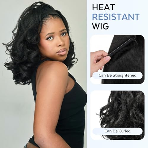 Yaki Curly Headband Wig for Black Women - 16 Inch, Black-5, 180% Density, Glueless, Curly Ends