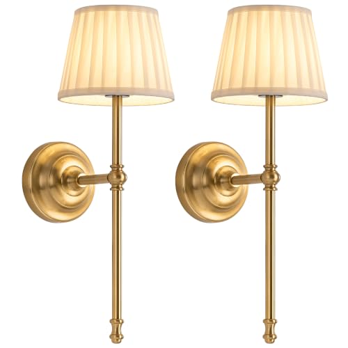 Gold Cordless Wall Sconce Set of 2 with Beige Fabric Shades - Dimmable LED Wall Lamps with Remote Control