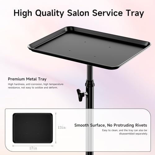 Salon Cart With Adjustable Height Tray on Wheels - Rolling Trolley for Tattoo, Spa, Dental, Hairstylist - Black