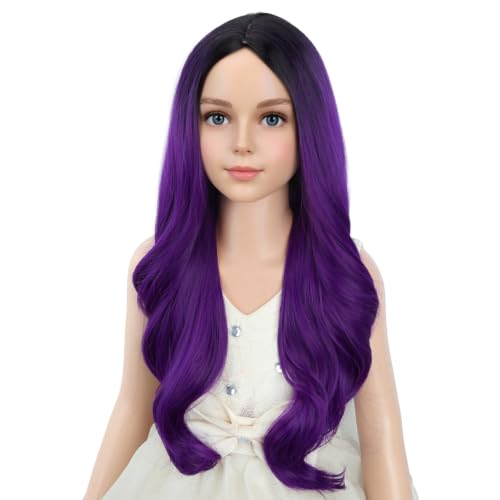 Ombre Purple Long Curly Wavy Wig for Kids Girls - Heat Resistant Synthetic Hair