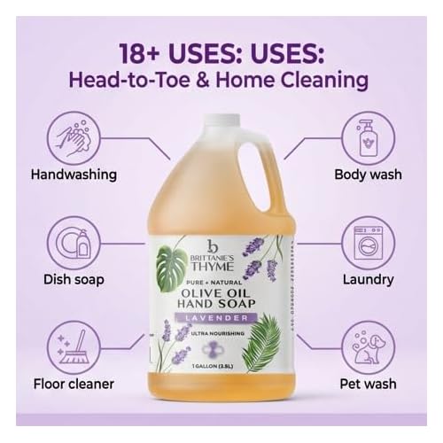 Brittanie's Pure Organic Castile Liquid Olive Oil Soap Refill | Face, Body Wash, Dishes, Pets & Laundry | Vegan & Gluten Free Non-GMO (Lavender 1 Gallon)