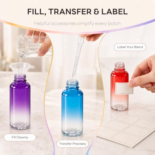 Rainbow Glass Dropper Bottles 24 Pack - 1oz (30ml) Leakproof Essential Oil Storage with Labels & Funnels - Variation of 1oz Rainbow / 24 Pack