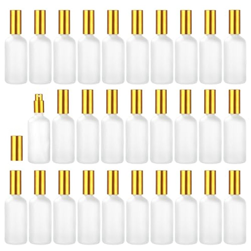 30 Pcs Frosted Glass Spray Bottles - 3.4 oz / 100 ml Refillable Empty Perfume Atomizer, Fine Mist Spray Bottle, Leak-Proof Reusable Containers for Travel, Essential Oils & Liquid Dispensing (Gold)