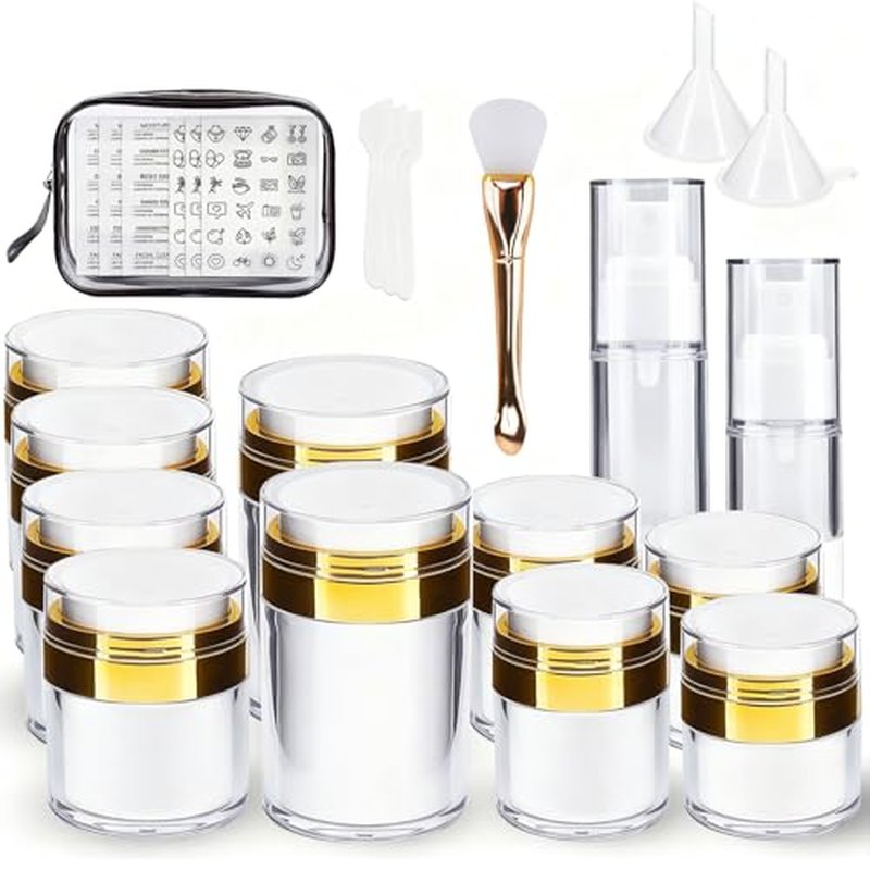 20 Pack Airless Pump Jars Set, 3.34/1.7/1/0.5/oz Refillable Travel Size Containers, Gold Travel Bottles Empty Lotion Container, Glass Jars for Toiletries Moisturizer Container