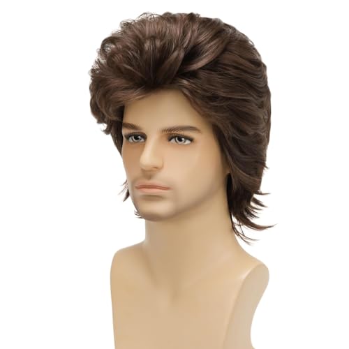 Men's 80s Short Brown Mullet Wig - Disco Rocker Punk Cosplay Halloween - Variation: Short Brown