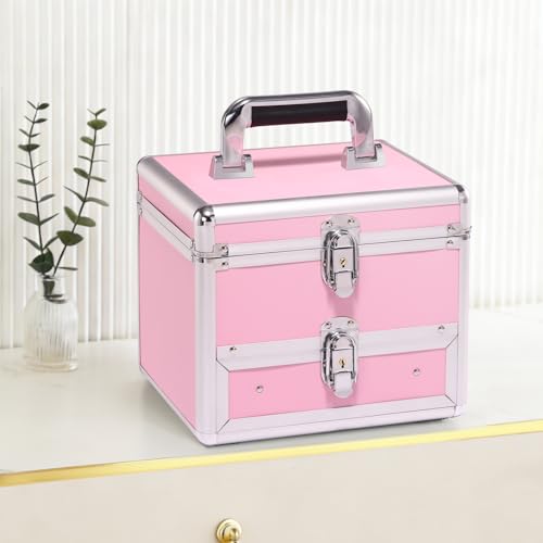 Leeora&Leekoo Pink Makeup Box with Lighted Mirror & Adjustable Dividers Travel Case