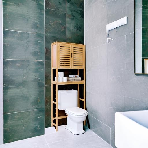 Bathroom Over Toilet Storage Cabinet - Natural Bamboo, 2 Doors & Adjustable Shelves