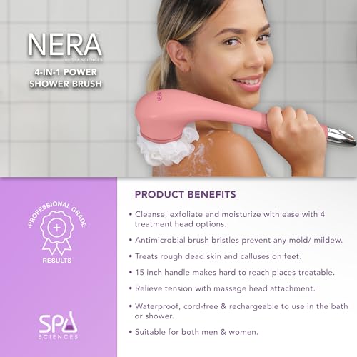 Spa Sciences - NERA - 4-in-1 Shower/Bath Body Brush for Exfoliation, Deep Cleansing, Foot Care, Lotion Infuser, and Massage