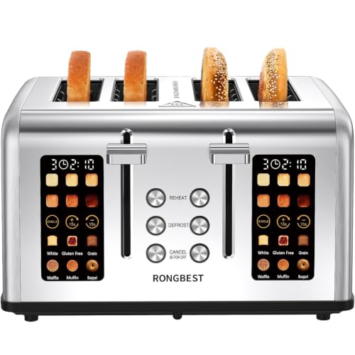 RONGBEST Silver 4-Slice Touch Screen Toaster with Wide Slots & Multiple Settings