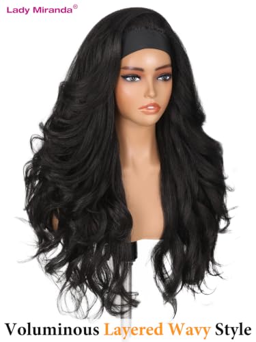 Lady Miranda Wavy Curly Headband Wig - Black, 26 Inch Layered Flip Curls