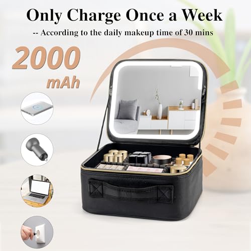 SJD LACE Black Travel Makeup Bag with LED Mirror, Waterproof Cosmetic Organizer